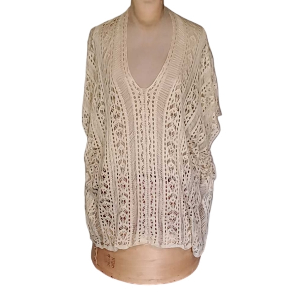 Finely Knitted Beige Crocheted Cardigan Sweater Very Delicate Tassel Ties OSFM
